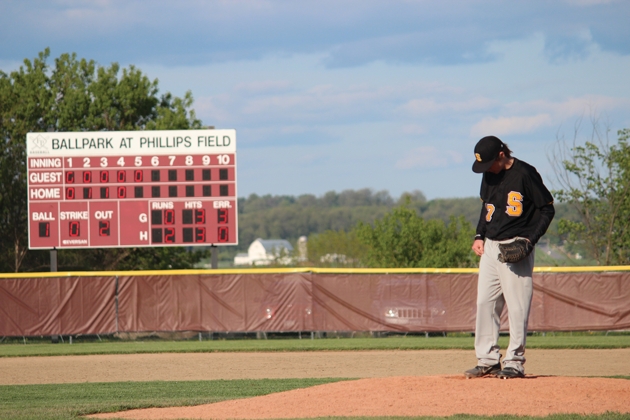 Saints pitcher Jake Moline was handed a Tuesday, May 14 loss, as the Saints missed a chance at the WAC title heading into sectionals.