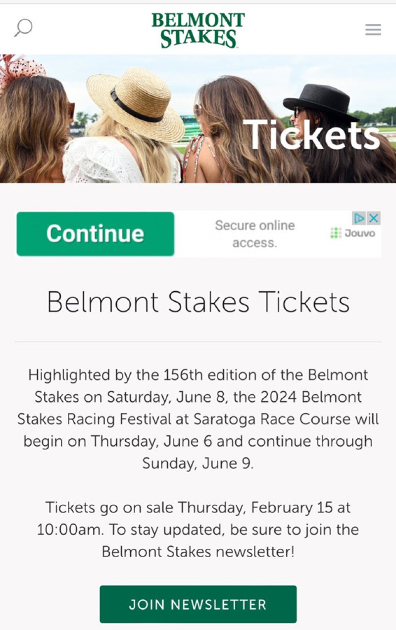 Screenshot of the Belmont Stakes website tickets page captured during presale via X user @SaratogaGoose. 