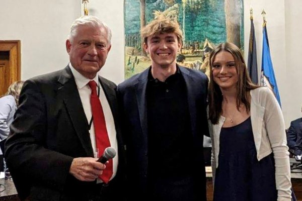 Saratoga Springs Mayor John Safford on April 16, 2024 with Hayden Shields and Sophie O’Donnell.  Photo provided.