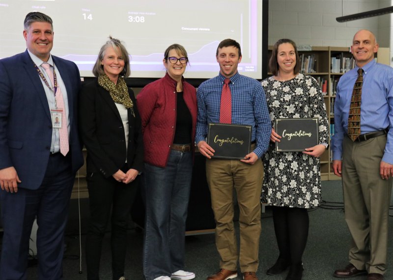 Ballston Spa Middle School Teachers Colin Klepetar, Christina Bisceglia, and Jeff Gargano (not pictured) were recognized by the Ballston Spa Board of Education for their induction to the New York State Master Teacher Program. Pictured from left are Interim Superintendent Dr. Gianleo Duca, Shannon Hansen, Katie Calhoun, Klepetar, Bisceglia and BOE President Jason Fernau. Photo provided. 