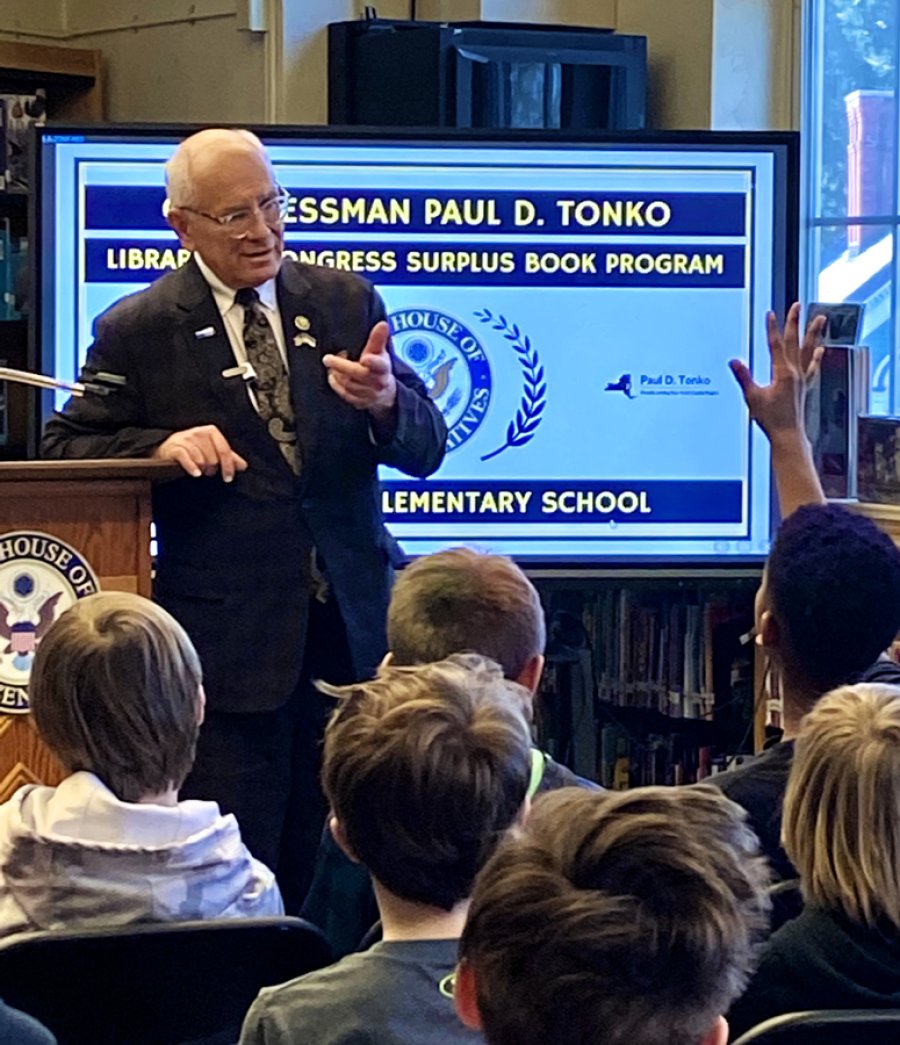 Photo: Paul Tonko speaking to students and answering their questions at Lake Avenue Elementary School in Saratoga Springs on March 14, 2024. Photo by Thomas Dimopoulos. 