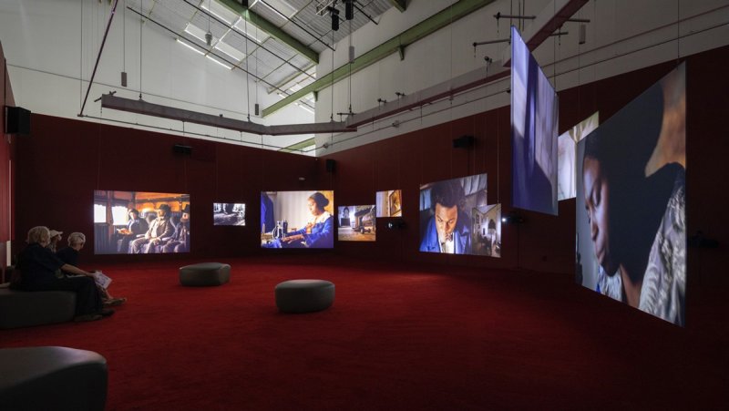 Installation view, Isaac Julien, Lessons of The Hour, McEvoy Foundation for the Arts, San Francisco, 2020, photo by Henrik Kam. Photo provided.