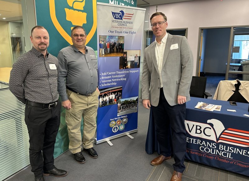 Jason Collins, Sean Dion, and Greg Dixon at a VBC Meet and Greet in February at Empire State University’s Veterans and Military Resource Center. Photo provided by the Saratoga County Chamber of Commerce.