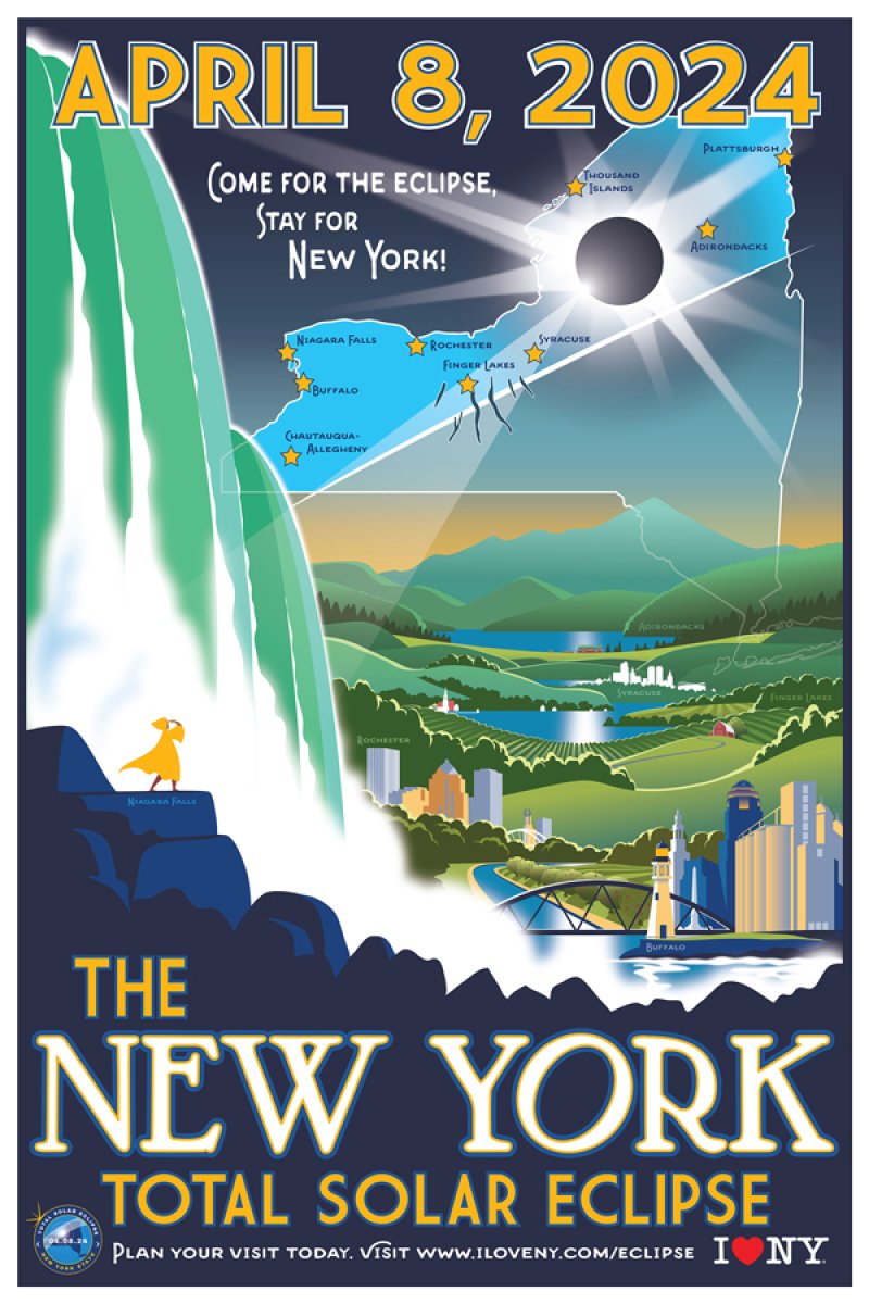 Poster advertising the upcoming solar eclipse in New York via ILoveNY.com