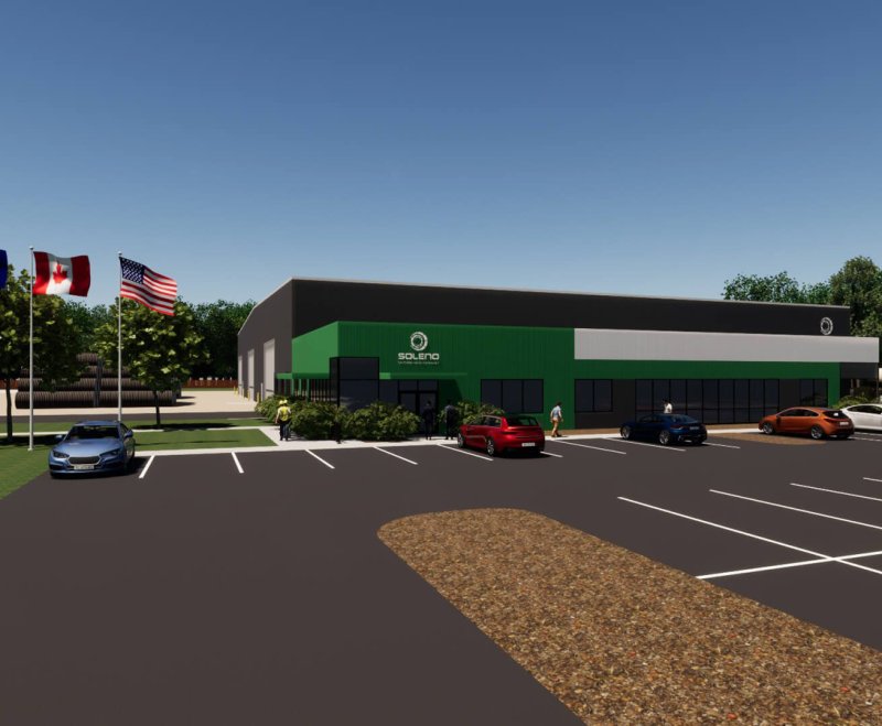 A rendering shows the planned exterior of a Soleno plant in  Saratoga Springs. Image via Soleno’s website.