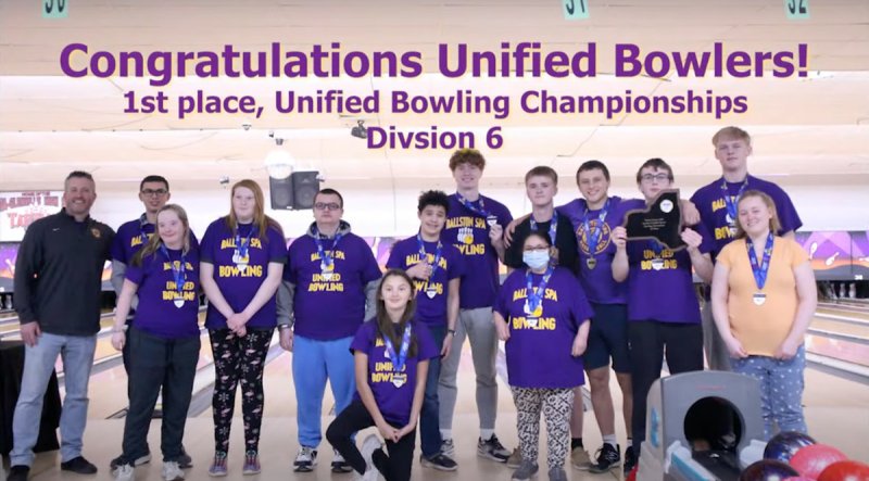 The Ballston Spa Unified Bowling team poses after winning the Division 6 Championship.  Photo provided by Coach Rob Immel during the March 30 Board of Education meeting.