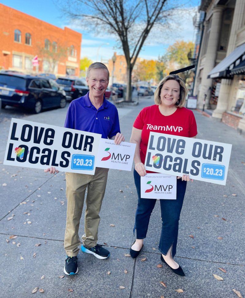 Saratoga County Chamber of Commerce president Todd Shimkus poses with Stacey Barss of MVP Health Care in support of the “Love Our Locals” campaign. Photo provided by Lauren Halligan.