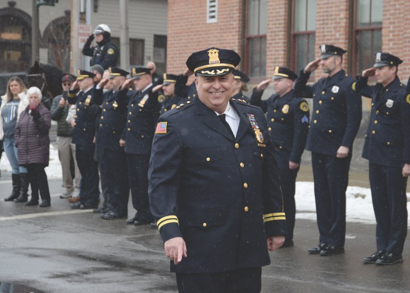 Assistant Police Chief John Catone, flanked by city public safety officials, retired on Jan. 28, 2022. Photo by SuperSource Media. 