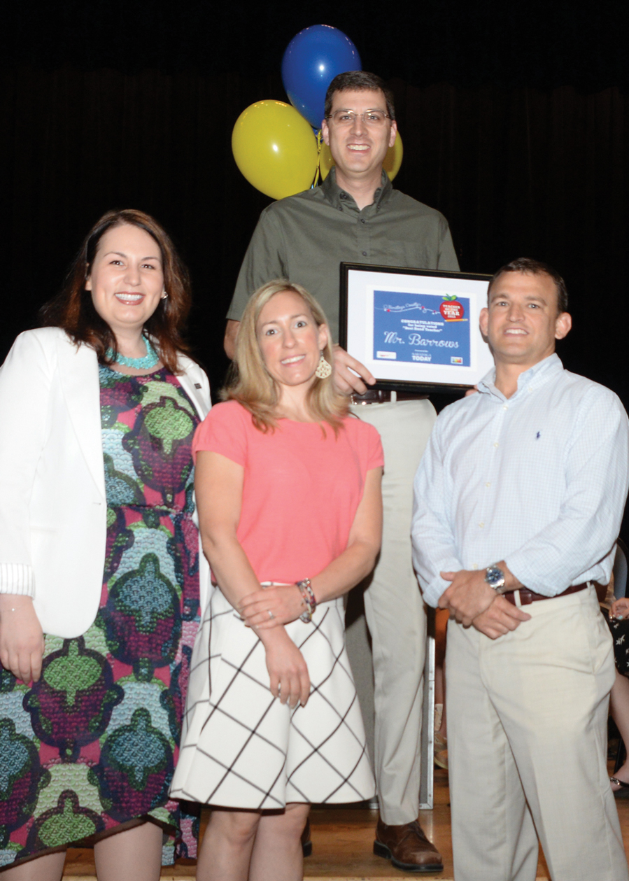 Gary Barrow of Galway Junior/Senior High was awarded 2015 Middle School Teacher of the Year. Left to right, Danielle Kuehnel, Assistant Marketing Manager Adirondack Trust Company; Colleen Pierre, Owner/Publisher of Saratoga Mama; Gary Barrow, mathematics teacher; Chad Beatty,  Owner/Publisher of Saratoga TODAY.
