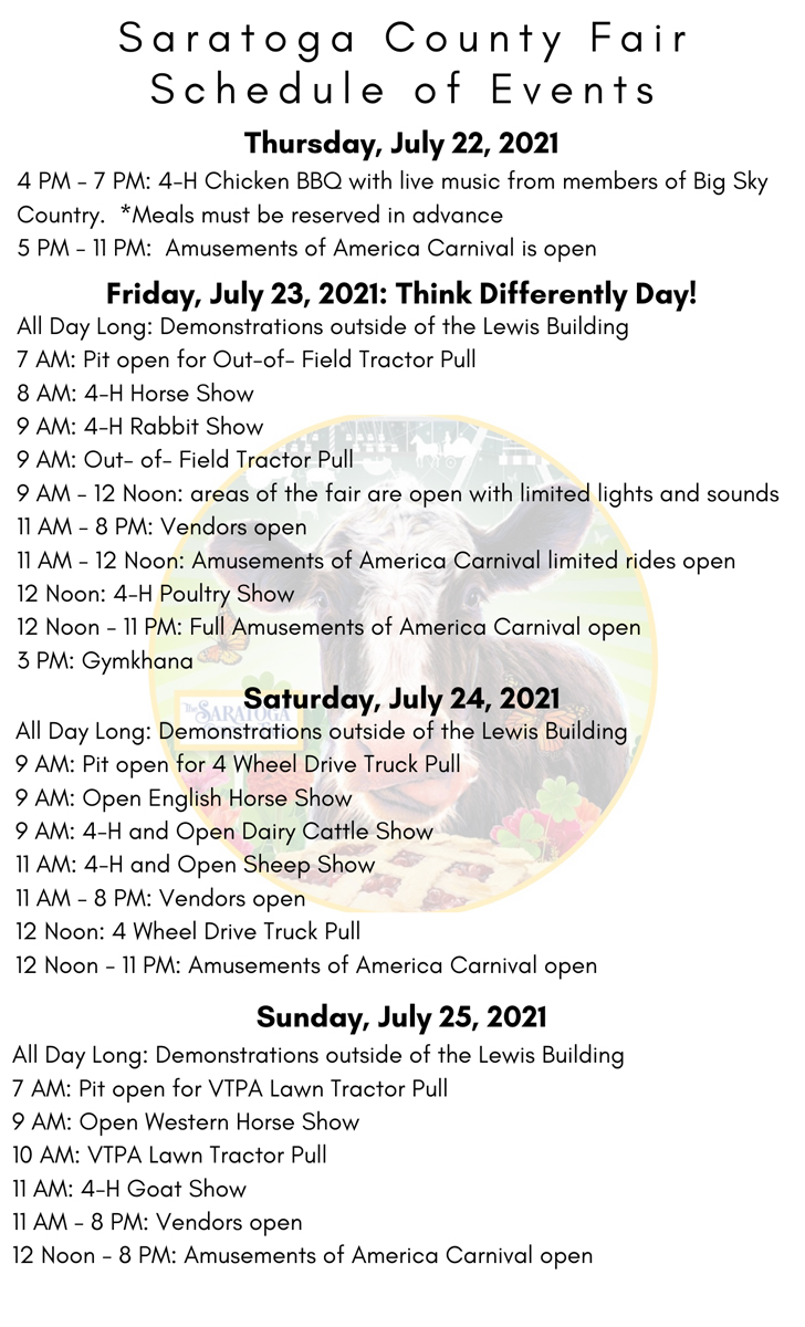 Saratoga County Fair Schedule of Events