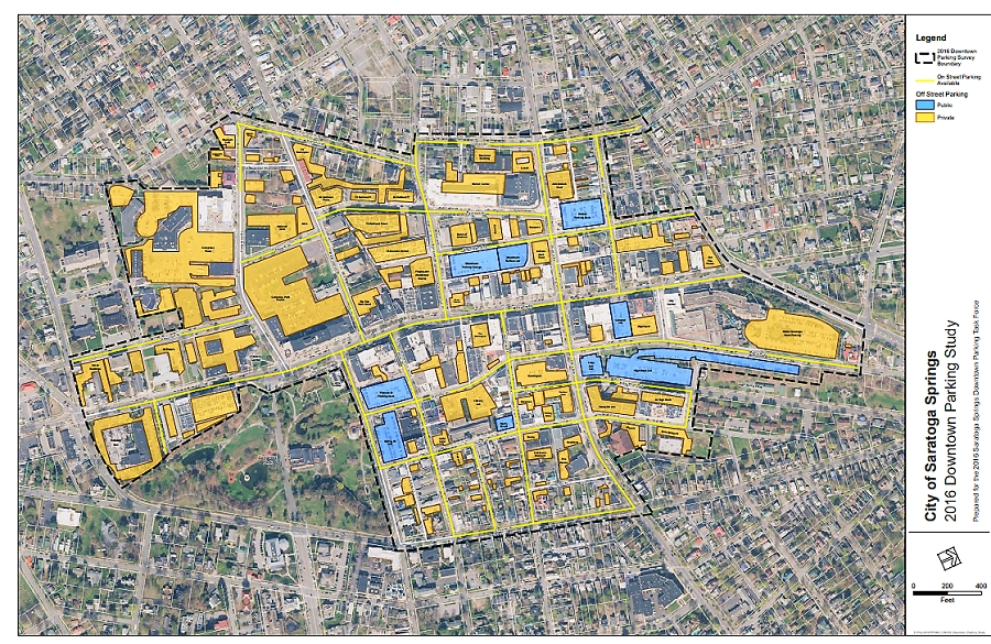  The 2016 Downtown Parking Study map, depicting Public off-street parking (in blue), and Private off-street parking (yellow). Source: Saratoga Springs Downtown Parking Task Force.