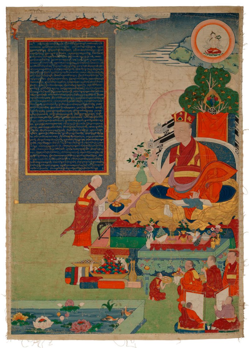 Unrecorded Tibetan artist, Situ Panchen VIII Chökyi Jungné (1700-1744) Acting as a Patron, 19th century, distemper on cloth, 29 1/2 x 21 1/4 inches, The Jack Shear Collection of Himalayan Art.  