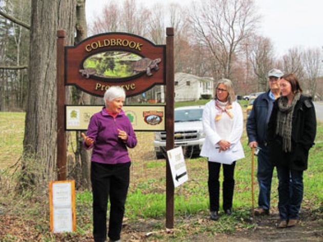 Left to Right: Christine McKnight, former land owner tells the project history while Maria Trabka, Saratoga PLAN, Executive Director, Edgar King, Kings Ransom Farm and Katie Petronis, Chairperson, Saratoga PLAN Board of Directors look on.