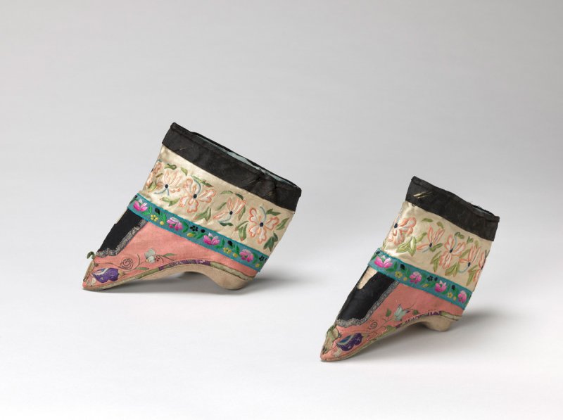 Unrecorded Chinese artist, shoes for bound feet, after 18th century, hand-sewn and embroidered shoes, 6 1/7 x 1 7/8 x 5 inches, Tang Teaching Museum collection, gift of Scot and Julie Cohen, 2020.