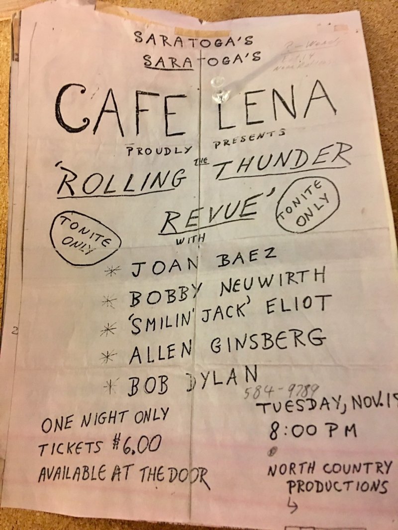  A “hopeful” flyer inviting Bob Dylan to perform at Caffe Lena in November 1975. Dylan’s album, “Blood On The Tracks,” was released earlier in the year. The local show never did take place. 
