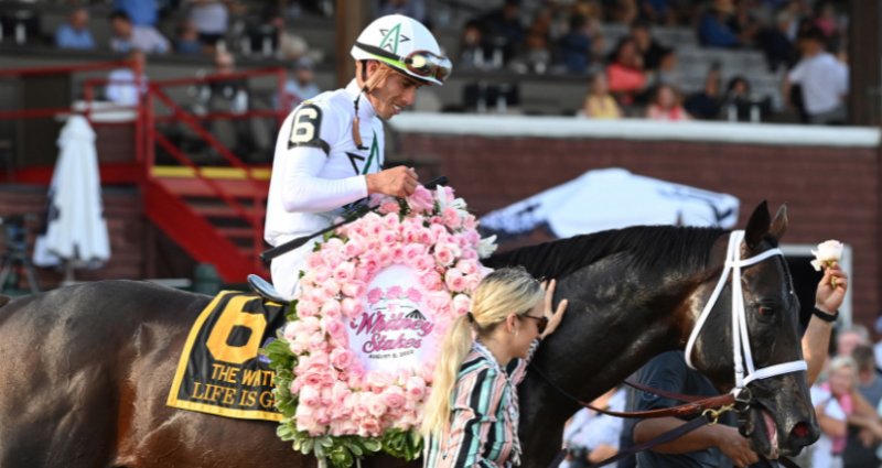 Irad Ortiz atop LifeIsGood after winning the 2022 Whitney stakes this past week. Photo by Chelsie Raabe, courtesy of NYRA.