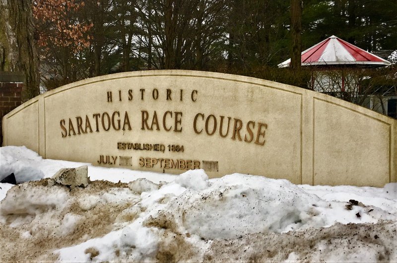 February’s freeze clings to the Union Avenue sign at the entrance to Saratoga Race Course. The dates for the 2019 summer meet have not yet been posted, but will this year feature an earlier start.