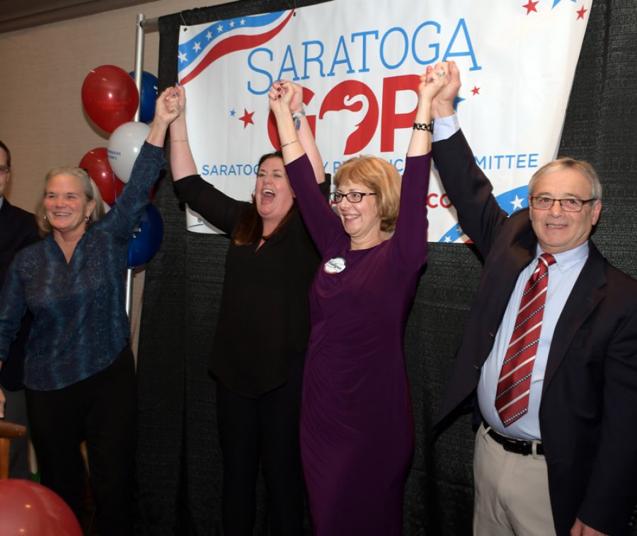 City Mayor Meg Kelly, Public Safety Commissioner-elect Robin Dalton, Finance Commissioner Michele Madigan, and DPW Commissioner Anthony “Skip” Scirocco - four of the five City Council members celebrating their respective victories at GOP Election Night gathering at the Holiday Inn Nov. 5, 2019. Photo by SuperSource Media, LLC. 