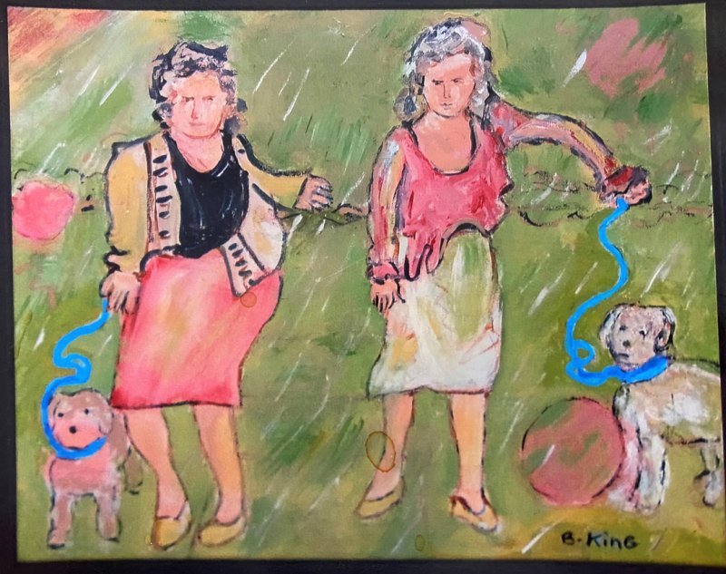 “People Love Walking Their Dogs,” on acrylic, Barbara King artist. 
