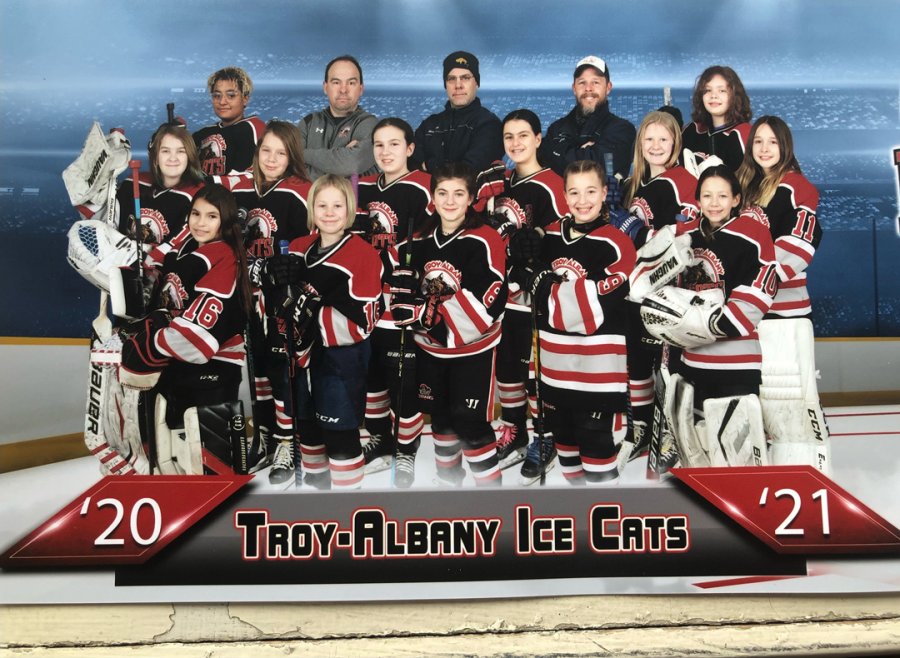 From back, left to right: Clara Corbin, Derrek Tuthill, Chris Obstarczyk, Jason Hunt, Elaina DelRio. Middle row Caitlynn McGlothlin, Ursula Obstarczyk (Saratoga County), Katie LeBoeuf (Saratoga County), Chiara Tuthill (Saratoga County), Reese Hunt (Washington County), Alaina Winther front row Nicole Stipe, Taber Hunt(Washington County), Giada Barna, Miriam Felton (Washington County), Malia Kesick. Missing is Shea Thompson. This picture is edited with each player and coach standing by themself then edited to resemble a team photo due to Covid 19. Photo provided.