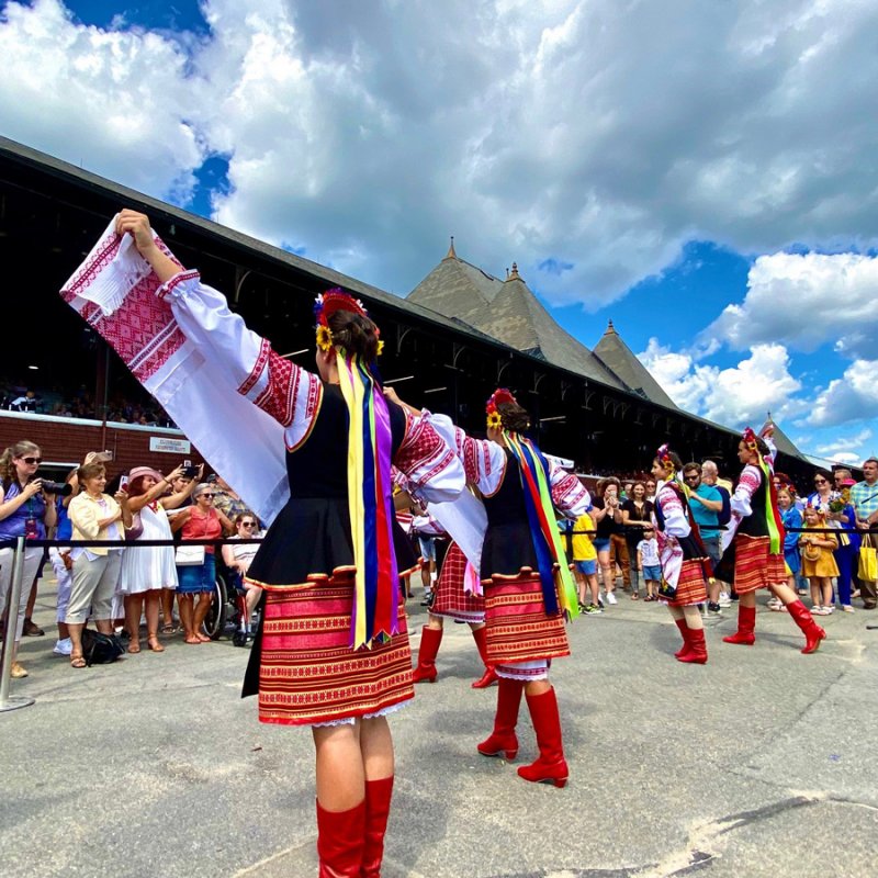 Ukrainian-American singers and dancers perform at Saratoga Race Course on Aug. 24, 2022. Photo by Thomas Dimopoulos. 