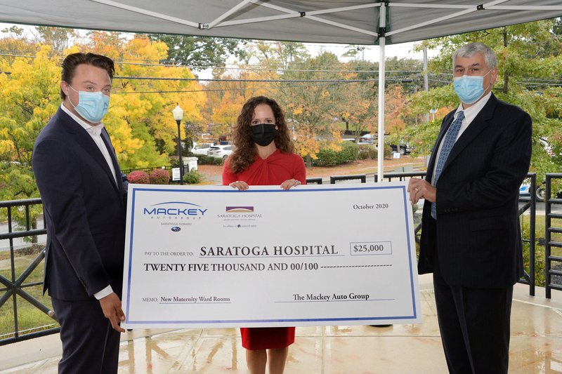Christopher Mackey, Mackey Auto Group; Dr. Jennifer Lefner, chair of the Department of Pediatrics and chief of newborn medicine at Saratoga Hospital and; Angelo Calbone, Saratoga Hospital president and CEO. Photo provided.