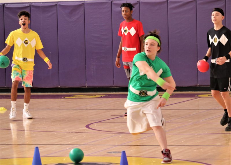 A Power Rangers-inspired team competes in Ballston Spa Middle School’s 8th Grade Dodgeball Tournament. Photo provided by Stuart Williams