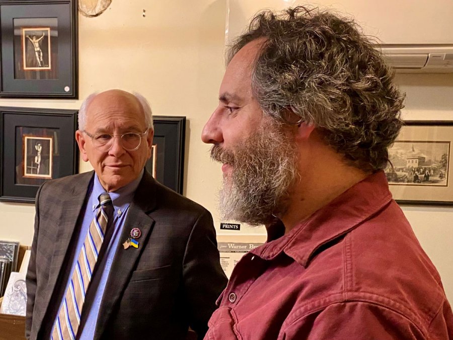 Charlie Israel and U.S. Rep Paul Tonko during the congressman’s visit to Lyrical Ballad bookstore on Phila Street in Saratoga Springs on  Nov. 21, 2022, in support of Small Business Saturday.  Photo by Thomas Dimopoulos.  