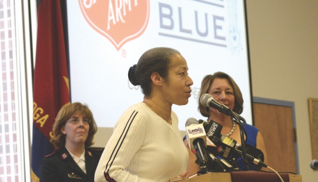 Salvation Army Captain Amber S. Boone, community activist Joy King, and Saratoga Springs Mayor Joanne Yepsen announcing last year that the Salvation Army on Woodlawn Avenue would house the city’s Code Blue Facility.