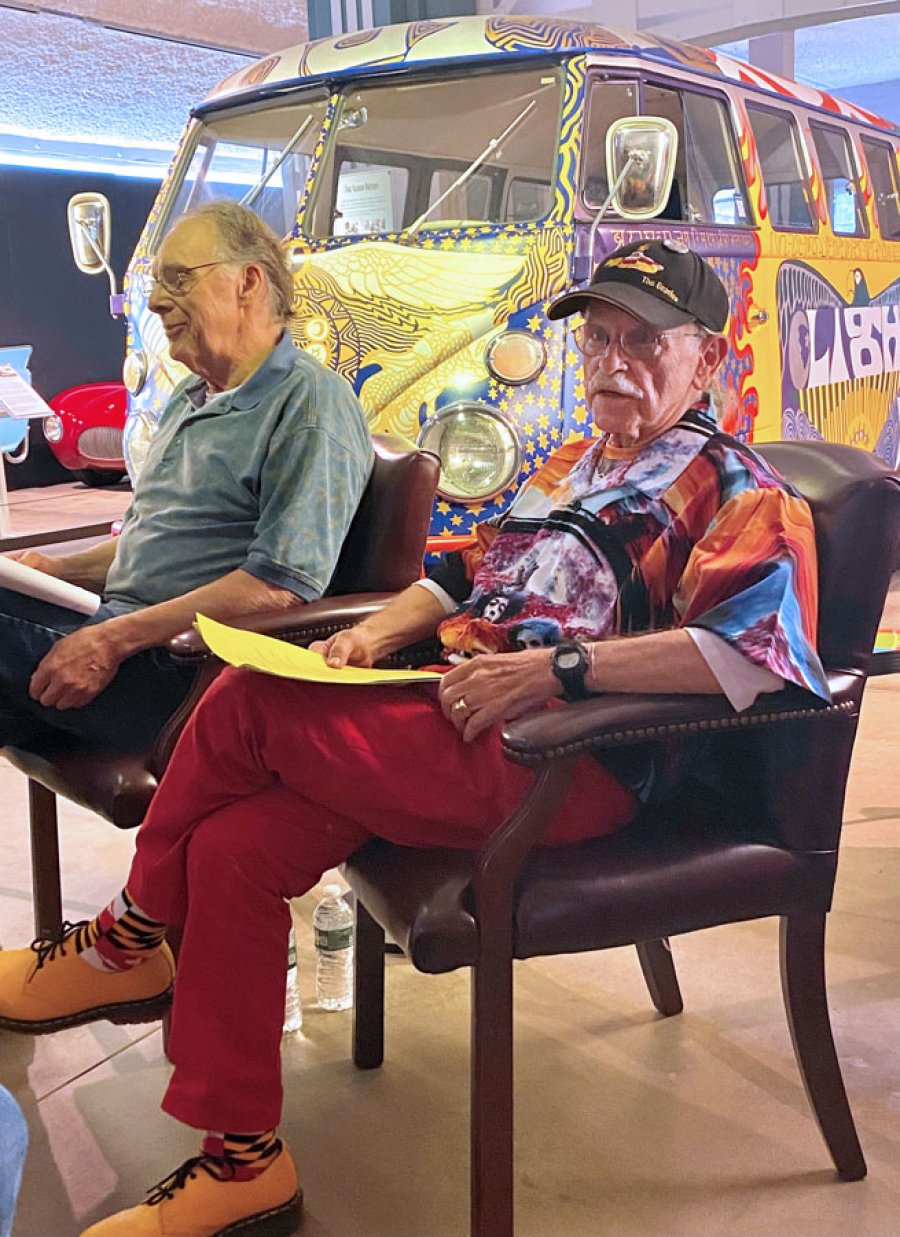 Hippie Bus. Bob Grimm (left) and “Dr. Bob” (at right) in front of the  VW “Light” Bus, during a conversation at the Saratoga Automobile Museum Aug. 9, 2023. Photo by Thomas Dimopoulos. 