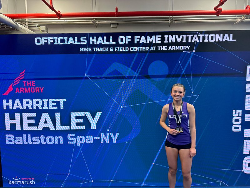 Photo of Ballston Spa runner Harriet Healey at the Armory Officials Hall of Fame Invitational 2024  via @PreeceCoach X/Twitter account.