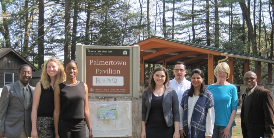 UAlbany students (left to right) Devin Mason, Katherine Chapman, Lizette Lewis, Michaela Sweeney, Mackenzie Dearr, and Poulomi Sen; at right is Mary Knutson (president, Friends of Moreau Lake State Park) and Robert Benoit. 