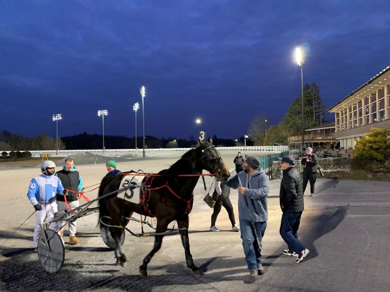 Skyway Victor enters the winner’s circle on opening night of harness racing at the Saratoga Casino Hotel. Photo by Jonathon Norcross.