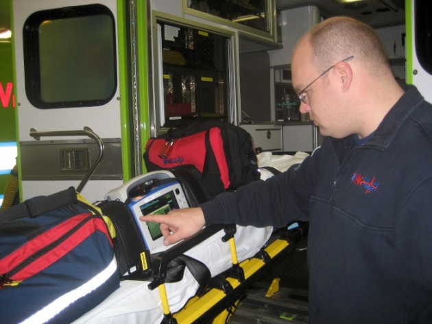 Wilton EMS&#039; Nash Alexander showing off new equipment.