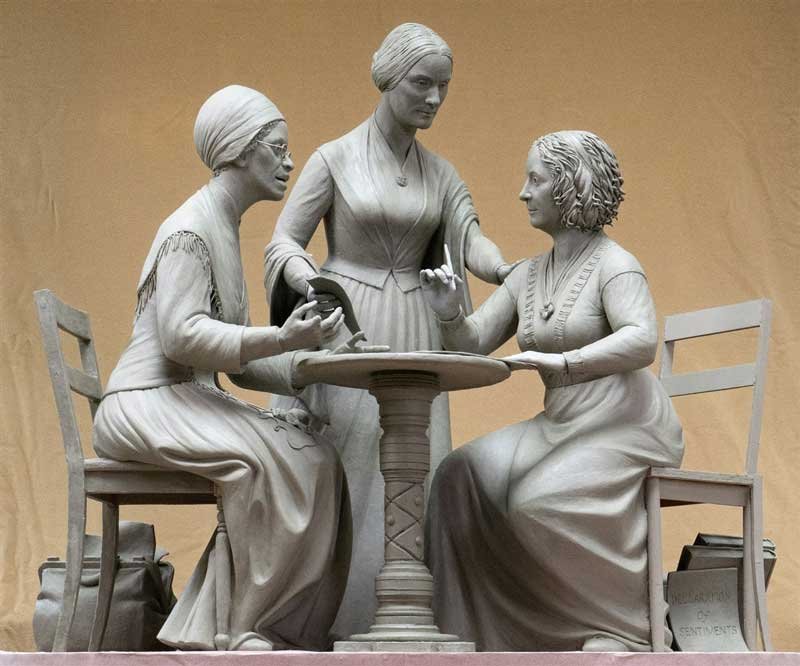 This scale model of the statue of early Women&#039;s Rights pioneers is by sculptor Meredith Bergmann. Her full-sized statue will be dedicated on Women&#039;s Equality Day in New York&#039;s Central Park - the first one in the park to honor real U.S. women. Image provided.