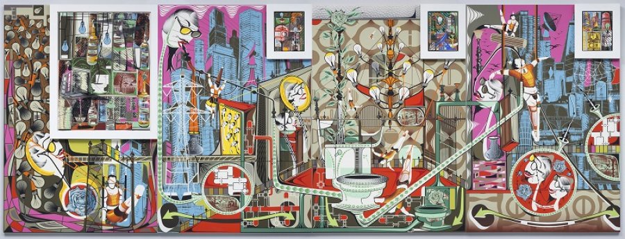   Lari Pittman, Once a Noun, Now a Verb #1, 1997, alkyd, acrylic, and spray paints on luan panel with one attached framed work on paper and three attached framed works on panel, 95 x 256 x 2 inches, Tang Teaching Museum collection, gift of Peter Norton.