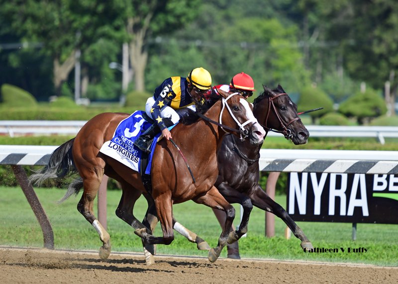 Snap-shot from Saturday, Aug. 3 Grade 1 Longines Test Stakes. Covfefe for the win. Photo by Cathy Duffy.