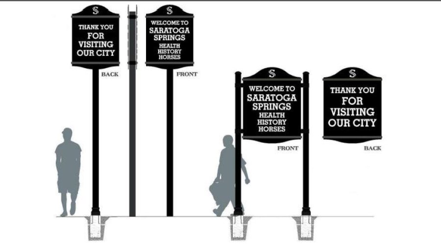 Samples of signage anticipated to soon be welcoming visitors to the city of Saratoga Springs. 