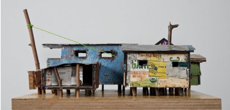 Kingsley Parker - Fishing Village, View #1 -  aluminum cans, wood, wire, and paint, 6 x 16 x 15 inches, 2016. 