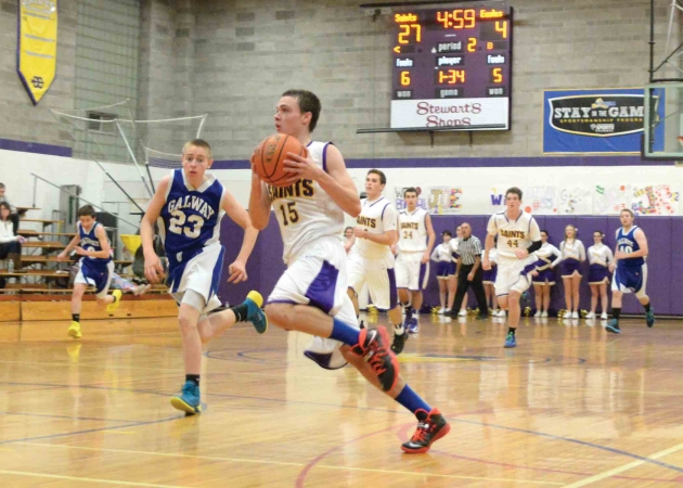 Spa Catholic guard Brian Hall is second on the team in scoring and has been a consistent defensive presence in the top of the Saints’ 2-3 zone this season. Last Wednesday, against Fort Plain, Hall and teammate Luke Spicer had 11 combined steals. Photo by MarkBolles.com
