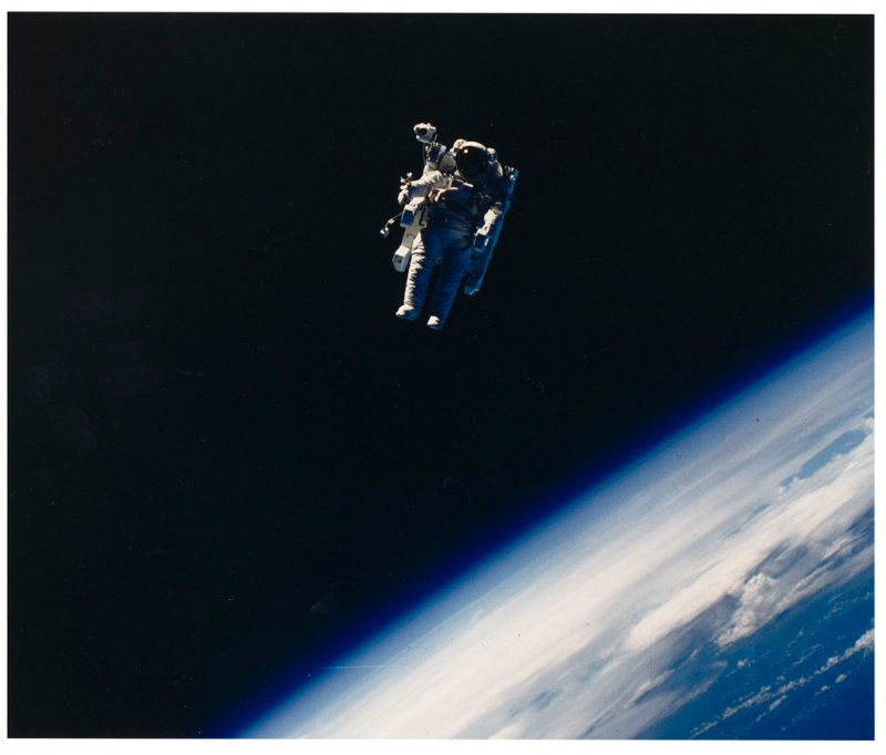 NASA, 41-B Onboard Scene of EVA, 1984, color photograph, 7 5/8 x 9 1/8”, The Jack Shear Collection of Photography at the Tang Teaching Museum. Photo provided.