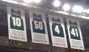 Fred Shear’s Number 50 is one of only four retired at Siena and hangs at the Times Union Center