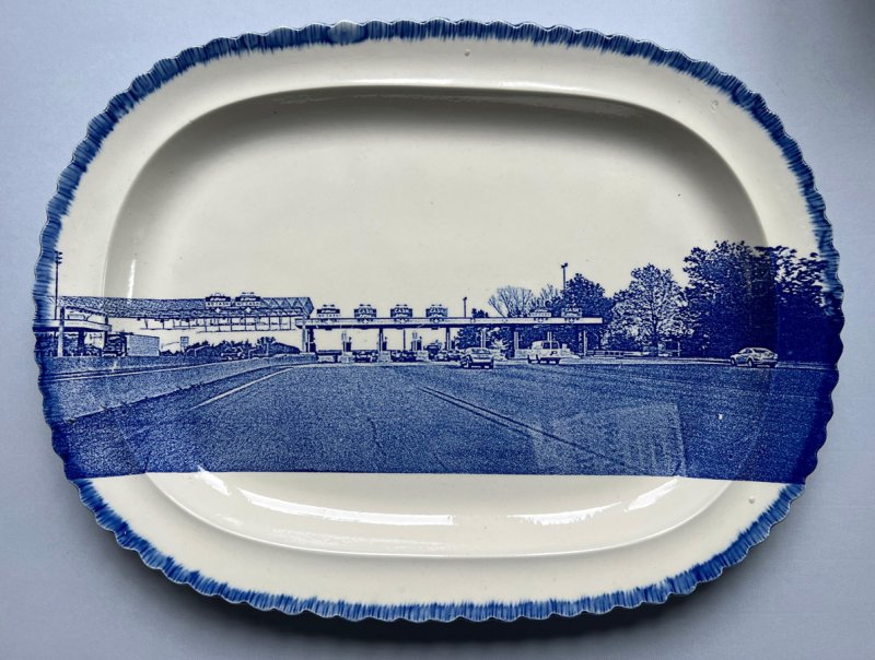 Cumbrian Blue(s) New American Scenery, Toll, 01/22, Paul Scott 2022. Screen print (decal/transfer) on shell edged pearlware platter c.1820.  Courtesy of Paul Scott and Ferrin Contemporary.