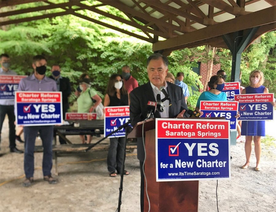 Former Saratoga Springs Public Safety Commissioner Ron Kim speaks at High Rock Park Sept. 10, 2020 during the launch of a pro-charter reform citizens campaign committee called Common Sense Saratoga. Photo by Thomas Dimopoulos.
