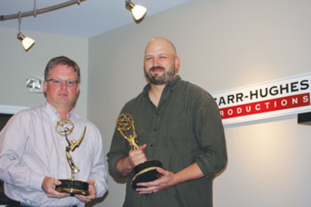 Jim Carr and Jeff Monty pose with Emmy Awards. Photo courtesy of Brian Cremo.