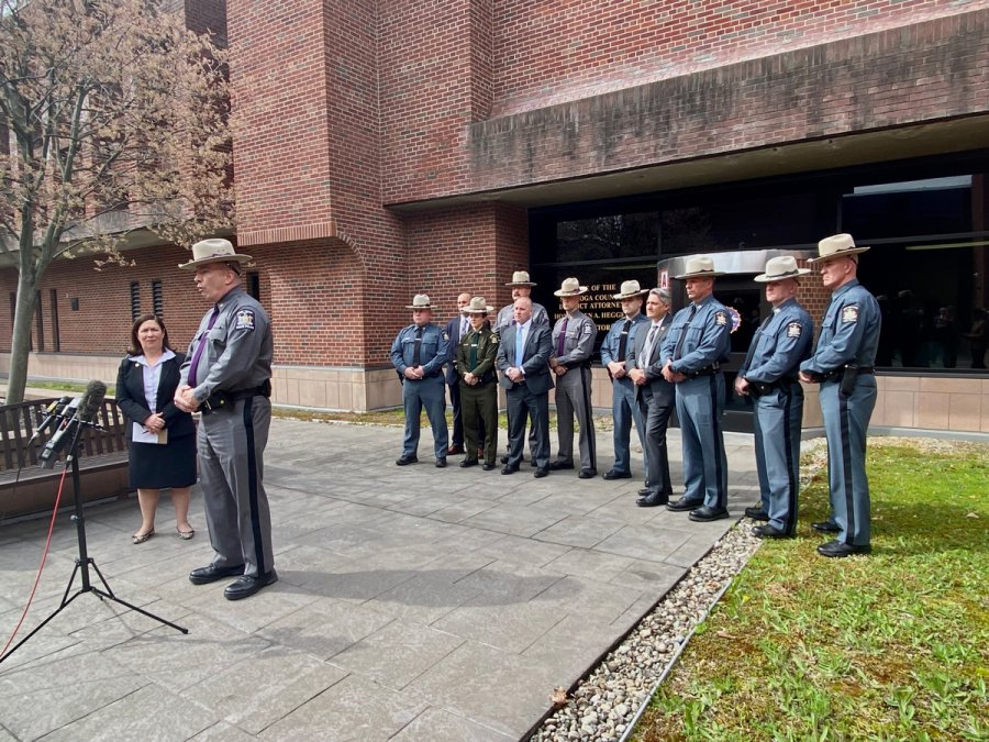 Saratoga County District Attorney Karen Heggen and members of law enforcement address the media outside Saratoga County Court on April 17, 2024.
