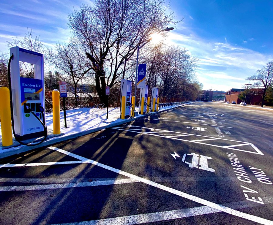 Four new “fast-charging” stations for electric vehicles just north of the Saratoga Springs City Center on Dec. 21, 2021. Photo by Thomas Dimopoulos. 