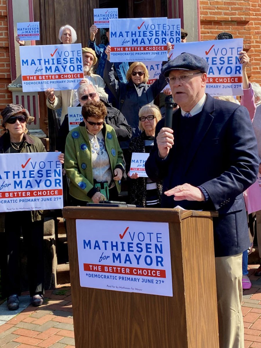 Christian Mathiesen announcing his candidacy for mayor of Saratoga Springs on April 26, 2023 in front of the Canfield Casino. Photo by Thomas Dimopoulos.