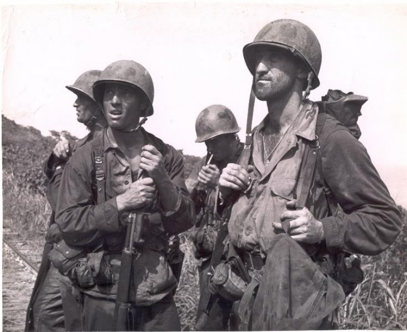 Soldiers of the New York National Guard’s 105th Infantry Regiment on Saipan during World War II. Source: New York State Military Museum, provided by The Saratoga County History Roundtable.