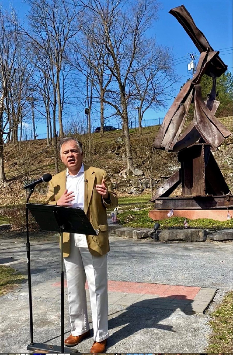 Ron Kim announces his candidacy for mayor of Saratoga Springs.  The announcement was made at the 9/11 Memorial in High Rock Park on April 7, 2021. Photo by Thomas Dimopoulos. 